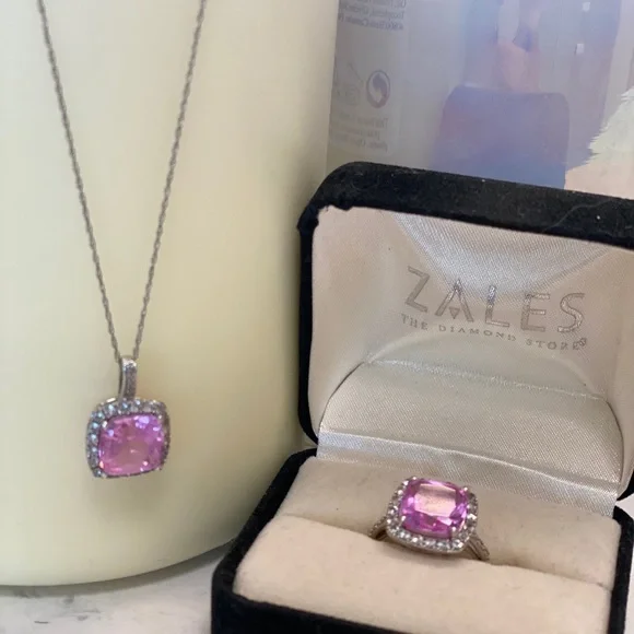 💋Pink Sapphire w. diamond halo necklace - Picture 2 of 7